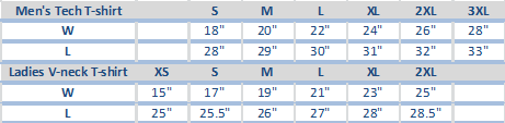 Tely 10 T-shirts sizing chart